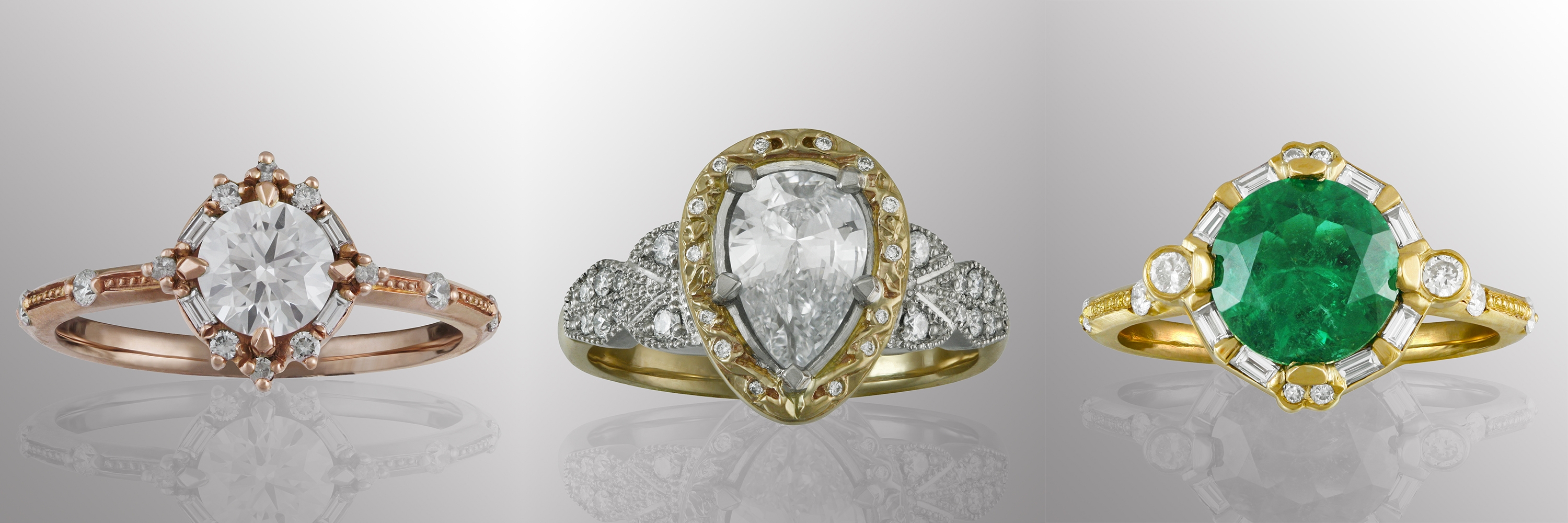 Art Deco-inspired Engagement Rings Made with Baguette, Pear-shaped, and Brilliant-cut Stones